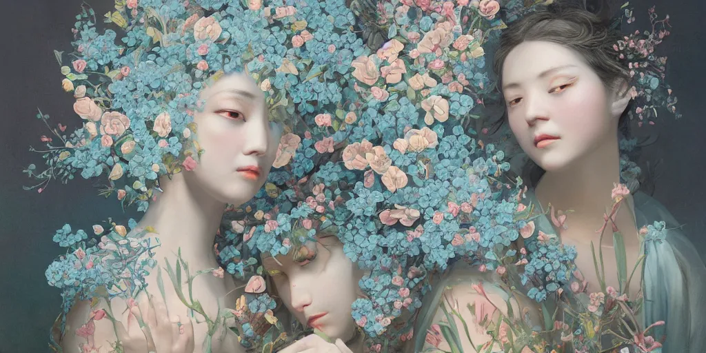 Image similar to breathtaking detailed concept art painting blend of two goddess of light blue flowers by hsiao - ron cheng with anxious piercing eyes, vintage illustration pattern with bizarre compositions blend of flowers and fruits and birds by beto val and john james audubon, exquisite detail, extremely moody lighting, 8 k