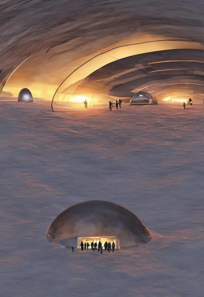 Image similar to Multiple tunnels in antartica with a transparent roof that shows a beautiful sunset, multiple people in the tunnels around campfires and futuristic igloos, facinating, fantasy digital art, octane render, beautiful composition, trending on artstation, award-winning photograph, masterpiece