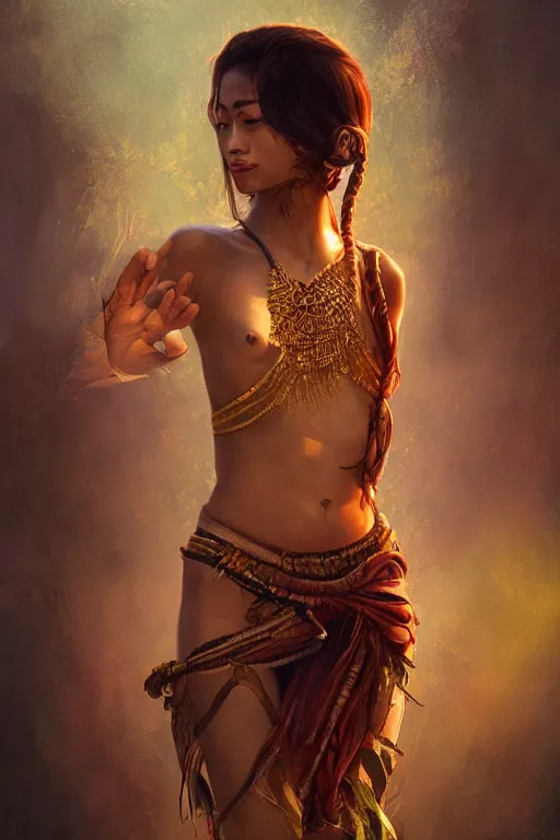 Image similar to stunningly beautiful, nepali dancer in jungle, symmetrical face, golden hour, smooth, focus, highly detailed, hyper realistic, dramatic lighting, elegant, intricate, concept art, art by wlop, mars ravelo, greg rutowski, artstation