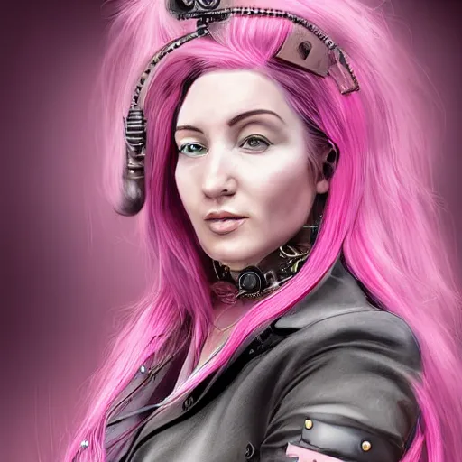 Image similar to a portrait of a steampunk woman with pink hair, digital art, hyperrealistic