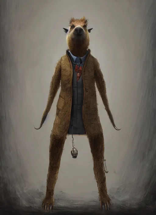 Image similar to detailed full body concept art illustration, oil painting on canvas of an anthropomorphic capybara school teacher in full intricate clothing, biomutant, dystopian, micro detail, octane render, 4K