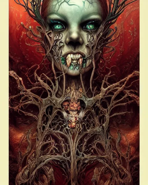 Image similar to perfectly centered portrait front view of a angry dead rotten beautiful broken skull growing ornamentation all around, ornate, detailed, symmetrical, elegant, beautifully soft lit, by wayne barlowe, peter mohrbacher, kelly mckernan