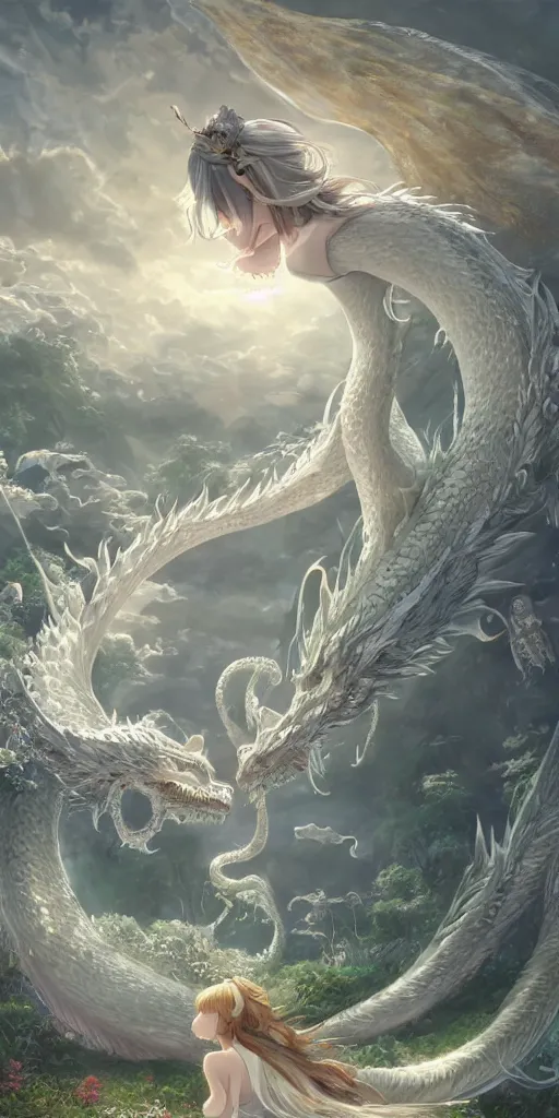 Image similar to the beautiful hyper detailed scene render that a lonely beautiful girl lies in the arms of a huge silver white dragon alone in fairyland surrounded by white clouds, finely detailed angelic face delicate features, style of studio ghibli, makoto shinkai, raphael lacoste, louis comfort tiffany, artgerm, james jean, ross tran, animation style, hd, ultra wide angle