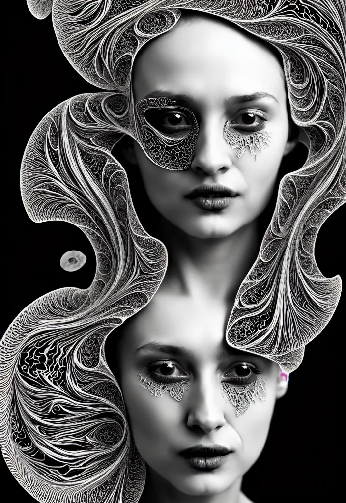 Prompt: portrait of a young beautiful woman with a partially face covering mask. fractal, mandelbulb technique. black and white, black on black. intricate, elegant, super highly detailed, professional digital painting, smooth, extreme illustration, 8k, 3D, beautiful, cinematic. art deco, art nouveau.