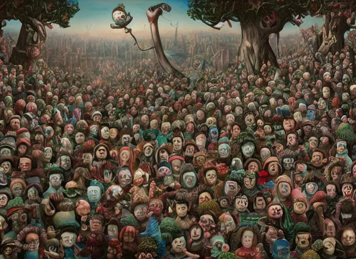 Image similar to where's waldo, lowbrow, matte painting, 3 - d highly detailed, in the styles of mark ryden, giger, amy sol