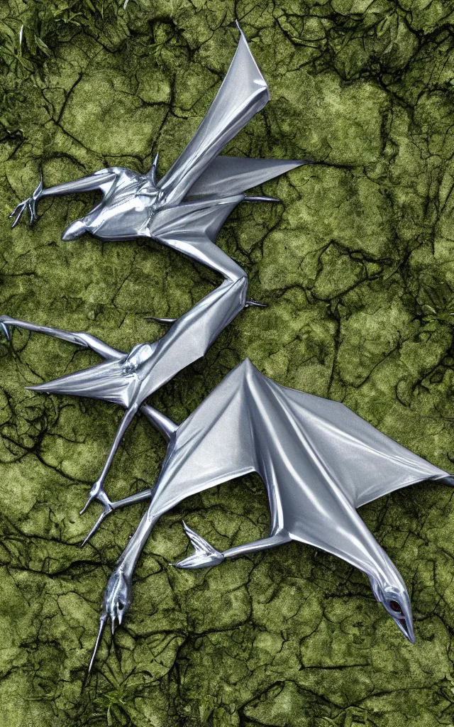 Prompt: metallic platinum pterodactyl lying in a swamp, moss and mud, photography, 3d render visualization