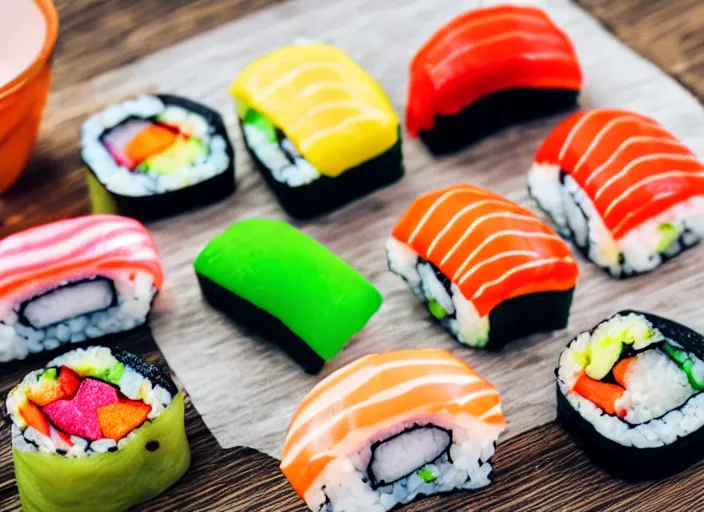 Prompt: dslr food photograph of candy sushi, 8 5 mm f 1. 8