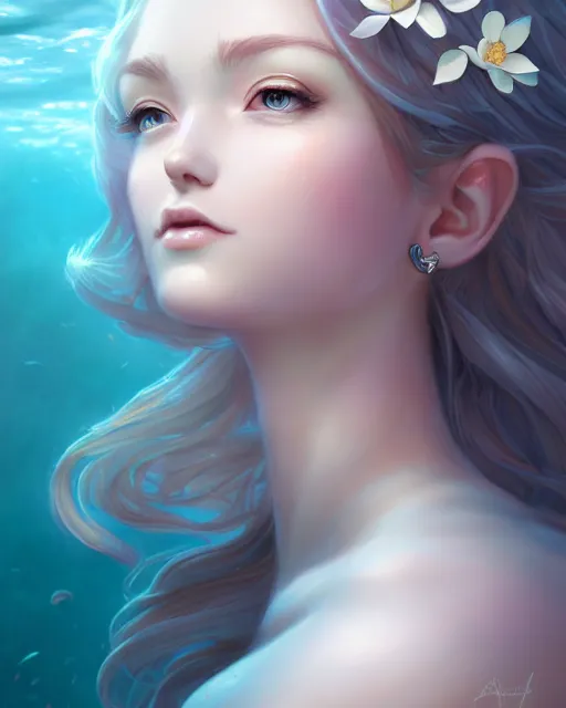 Image similar to character art of a goddess of magnolias as windy dusty underwater angelic young female | | seductive - fine - face, pretty face, key visual, realistic shaded perfect face, fine details by artgerm, wlop, nekro, james jean, andrei riabovitchev, marc simonetti, trending on artstation