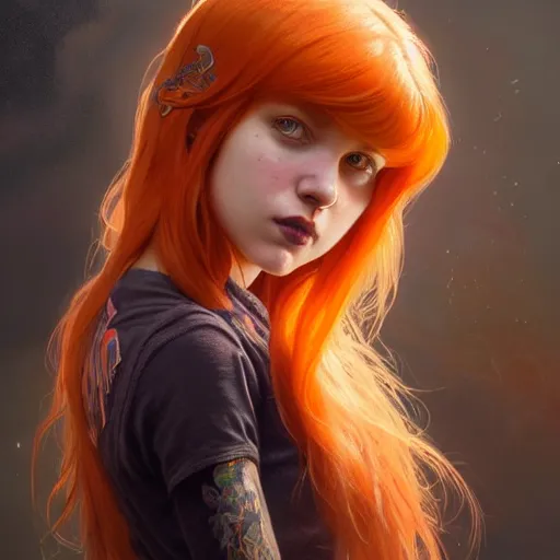 Image similar to portrait painting of a cute teenage girl with wild orange hair swept back wearing punk clothes, ultra realistic, concept art, intricate details, eerie, highly detailed, photorealistic, octane render, 8 k, unreal engine. art by artgerm and greg rutkowski and charlie bowater and magali villeneuve and alphonse mucha