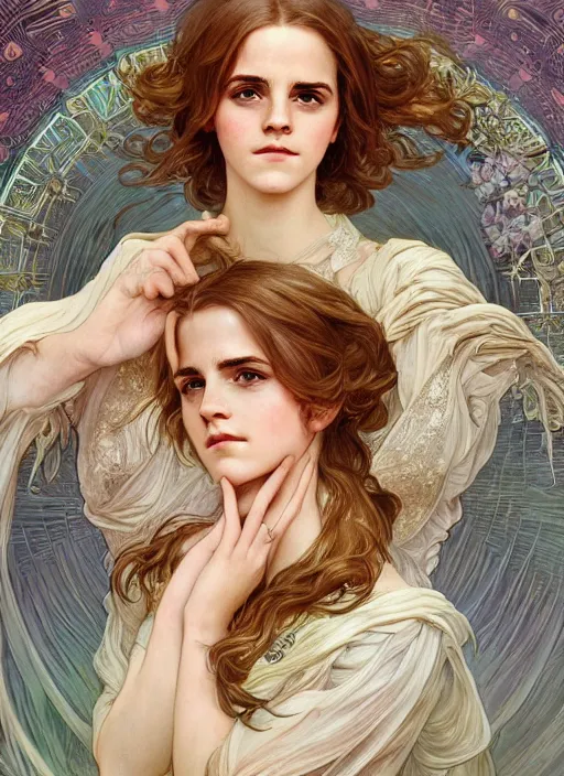 Image similar to Emma Watson as Godness of Sleep, cute, fantasy, intricate, elegant, highly detailed, digital painting, 4k, HDR, concept art, smooth, sharp focus, illustration, art by alphonse mucha,artgerm, H R Giger, beautiful detailed intricate insanely detailed octane render, 8K artistic photography, photorealistic,