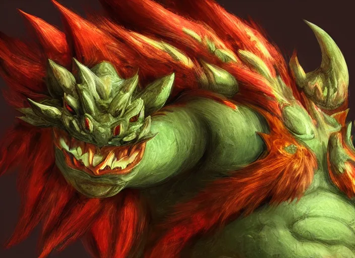 Image similar to detailed concept art of a huge giant bowser by cheng yi and luolin, aartstation, artstationhd, detailed scales, spiky and red hair tuft. green scales turtle. bowser, bowser nintendo, koopa, ~ bowser # bowser ( ( mario ) ) bcy. net, realistic. cheng yi, fire breathing. bowser