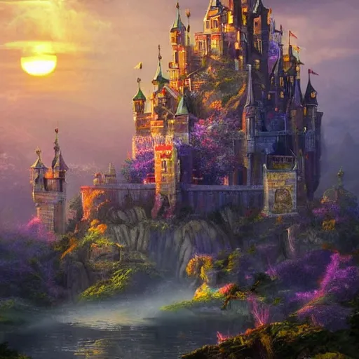 Prompt: A magical fantasy royal castle town that sits on a magnificent floating island; sunset scenery, trending on artstation, award winning digital art