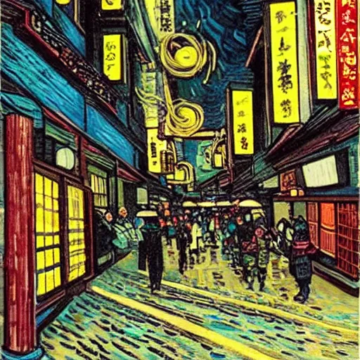 Prompt: bladerunnner noodle shop scene, cyberpunk, japan city, van gogh painting,