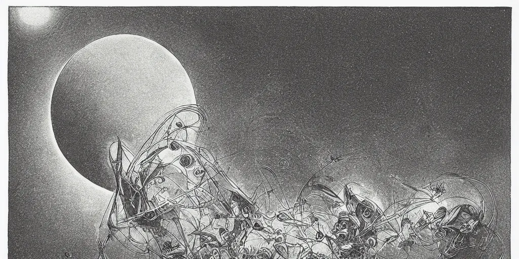 Image similar to dawn of creation; first atom; beings of light and darkness; ethereal plane. Bright neon colors. illustrated by maurice sendak and Stephen Gammell