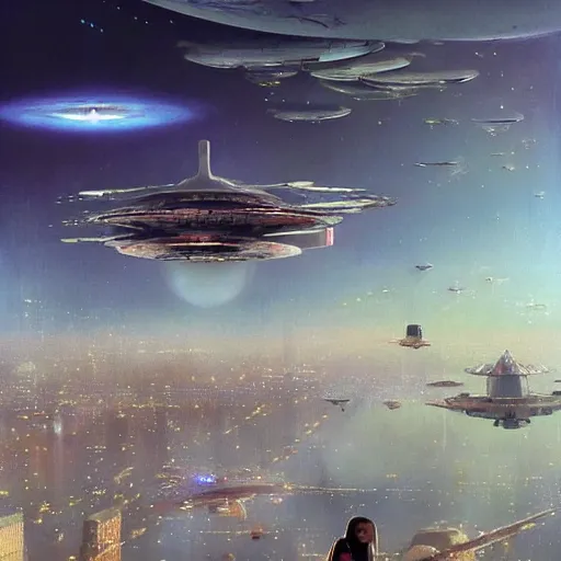 Prompt: gorgeous sci fi imagery | landing spot | space and city flying craft | futuristic | beautiful couple in the foreground heading to their hovering transport | futurism | modern couple | futuristic cityscape in the background | low angle close up | by john berkey, greg rutkowski, james gurney