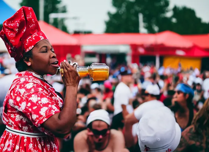 Image similar to photo still of aunt jemima in period attire at vans warped tour!!!!!!!! at age 4 0 years old 4 0 years of age!!!!!!! on stage pouring maple syrup on the crowd, 8 k, 8 5 mm f 1. 8, studio lighting, rim light, right side key light