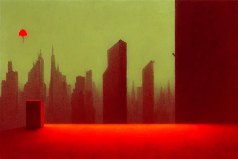 Image similar to only with red, red gif of death eat apple, a futuristic city in the background, an ancient path, in the style of beksinski, part by hopper, part by rodcenko, part by hofbauer, intricate composition, red by caravaggio, insanely quality, highly detailed, masterpiece, red light, artstation, 8 k