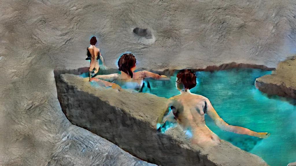 Image similar to a bather at a steaming natural hot spring in a nook of river stones, in an epic valley, japan, a collage painting, in the style of wes anderson, lola dupre, david hockney, isolated on negative white space background dark monochrome neon spraypaint accents volumetric octane render