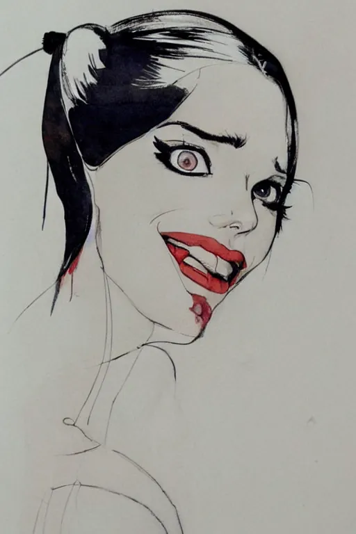 Prompt: beautiful portrait of Harley Quinn by Milo manara and David downton, colorless, silent, watercolor