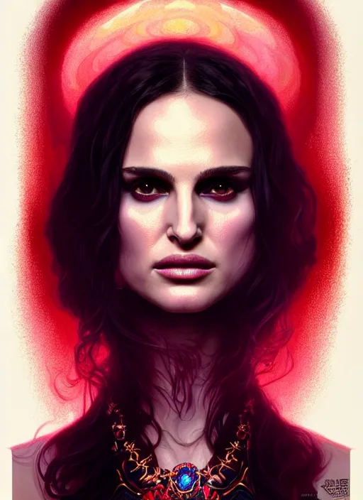 Prompt: psychedelic portrait of natalie portman as a vampire lord, jewelry, greek, ruby, intricate, headshot, highly detailed, digital painting, artstation, concept art, sharp focus, cinematic lighting, illustration, art by artgerm and greg rutkowski, alphonse mucha, cgsociety