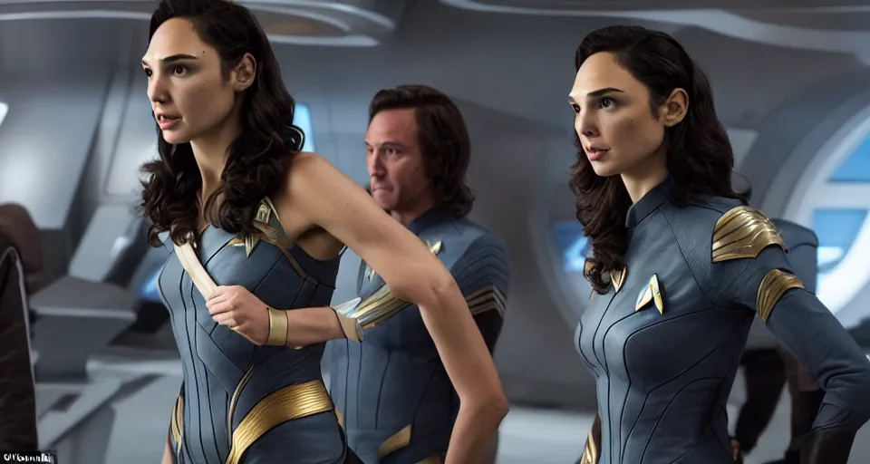 Image similar to Gal Gadot, in full starfleet uniform, is the captain of the starship Enterprise in the new Star Trek movie