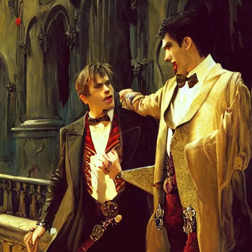 Image similar to attractive male, arthur pendragon confesses his love to attractive male dracula the vampire. highly detailed painting by gaston bussiere, craig mullins, j. c. leyendecker 8 k