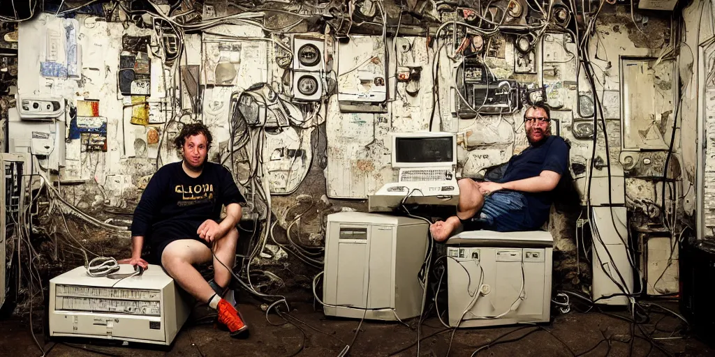 Image similar to typical cryptocurrency nerd, sitting in front of old 9 0's computer, shilling, crt tubes, cables everywhere, damp basement decay, bitcoin poster in background, fat and dirty, scruffy looking, claustrophobia, humidity mold, award - winning photomanipulation