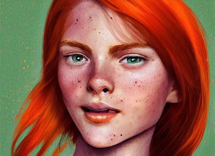 Image similar to portrait of a beautiful smiling girl with orange hair and freckles, green eyes, highly detailed, digital painting, concept art, smooth, sharp, focus, background is purple, trending on deviantart, by Jacqueline E