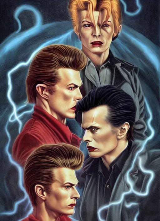 Image similar to twin peaks poster art, david bowie fighting his doppelganger gemini good and evil, old retro pulp, by michael whelan, rossetti bouguereau, artgerm, nostalgic, old fashioned