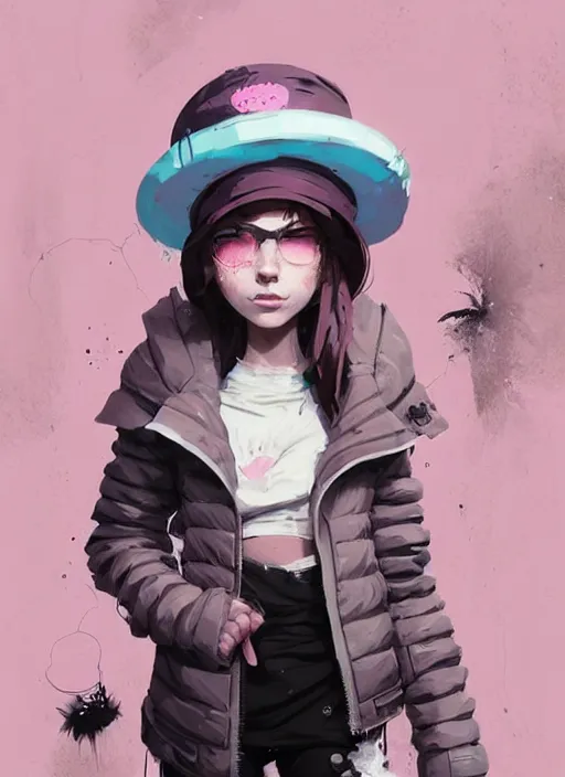 Image similar to highly detailed portrait of a sewer punk lady student, blue eyes, bubble jacket, hat, white hair by atey ghailan, by greg rutkowski, by greg tocchini, by james gilleard, by joe fenton, by kaethe butcher, gradient pink, black, brown and light blue color scheme, grunge aesthetic!!! ( ( graffiti tag wall background ) )