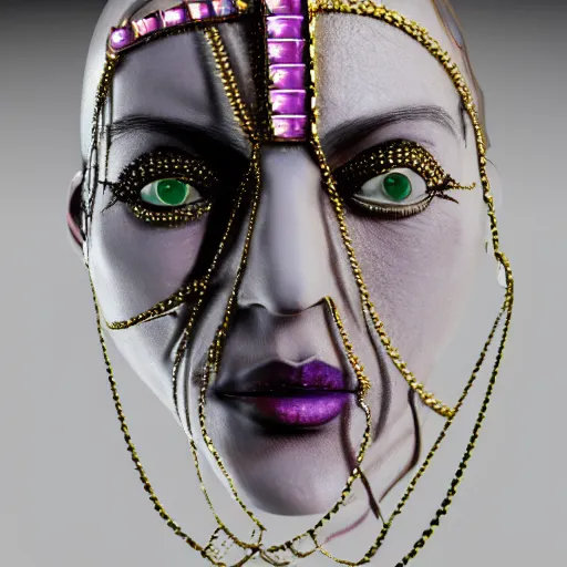 Prompt: female with visible gems inlaid her skin, cyberpunk style, gems, cameo, marble, gold, bones, 8k, details, studio lighting, realism