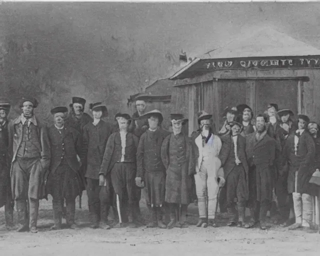 Prompt: an early 1800s photo of people standing in front of the world's largest pancake