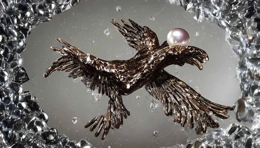 Image similar to diamonds, pearls, ice crystals, opals and other various gemstones being thrown around in the shape of a hawk by a tornado, museum sculpture, 4k, high quality photograph, award-winning