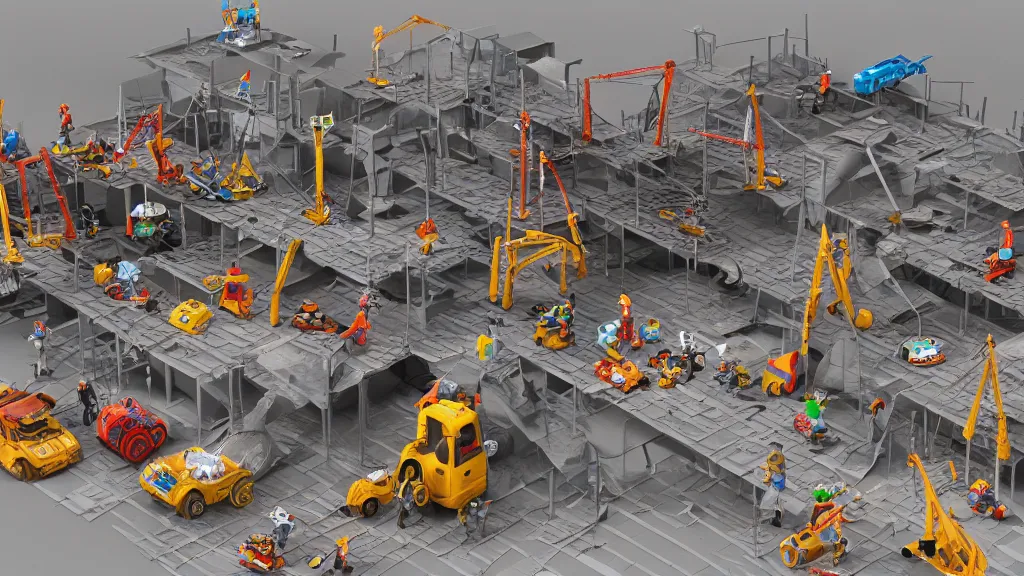 Image similar to construction site made out of toys, pipes, concept art, 3d render