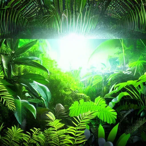 Image similar to « low luminosity jungle, luminescent plants, far view, detailed »