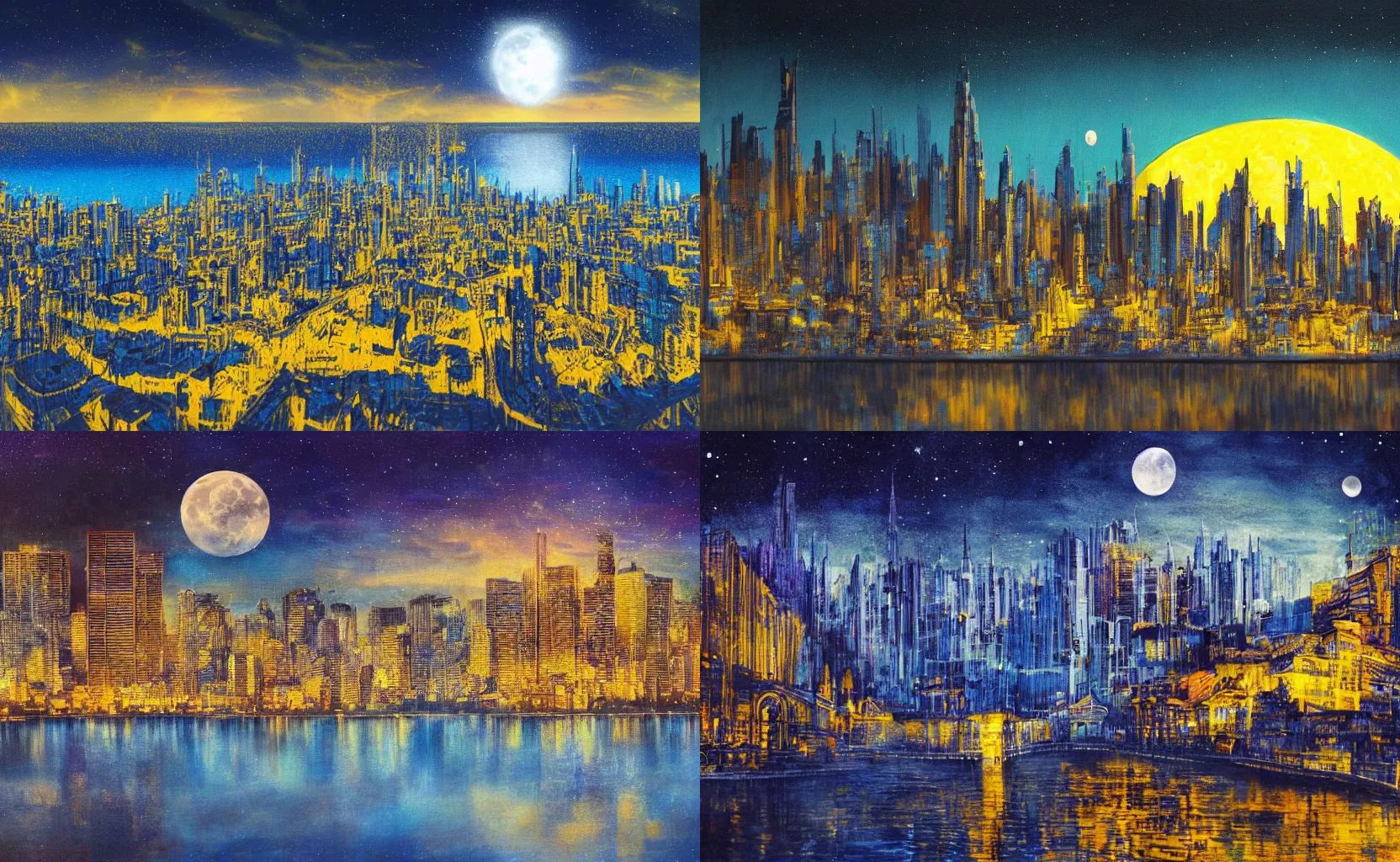 Prompt: Beautiful painting of a dark city with high buildings, a blue lake is near it. Around the city is yellow sand, Night, sunset, full moon with reflection on the lake, 8k resolution holographic astral cosmic illustration mixed media by Pablo Amaringo