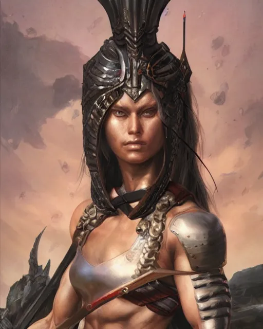 Image similar to a portrait of a muscular female warrior by Ross Tran and Thomas Cole and Wayne Barlowe