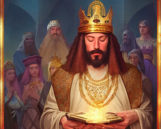 Prompt: king solomon of israel with his 7 0 0 beautiful wives, photography of kurzgesagt, deep focus, d & d, fantasy, intricate, elegant, highly detailed, digital painting, artstation, concept art, matte, sharp focus, illustration, hearthstone, art by artgerm and greg rutkowski and alphonse mucha