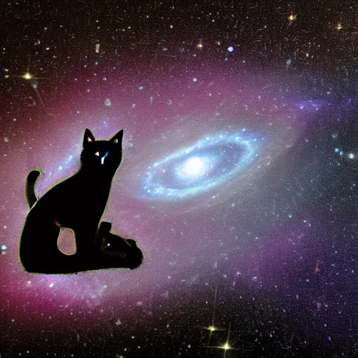 Prompt: black cat is lying on its back, the spiral galaxy on the background, photo 4k