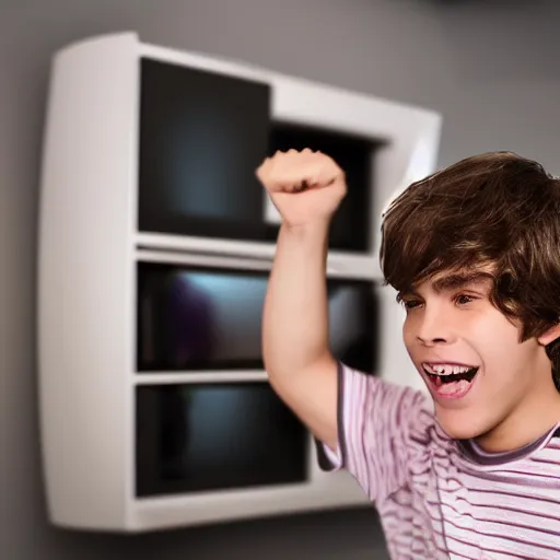 Image similar to a young man with brown hair reads a message on his TV and is super happy, and dancing on the ceiling, because he gets free Xbox game upgrades on his computer, realistic photo