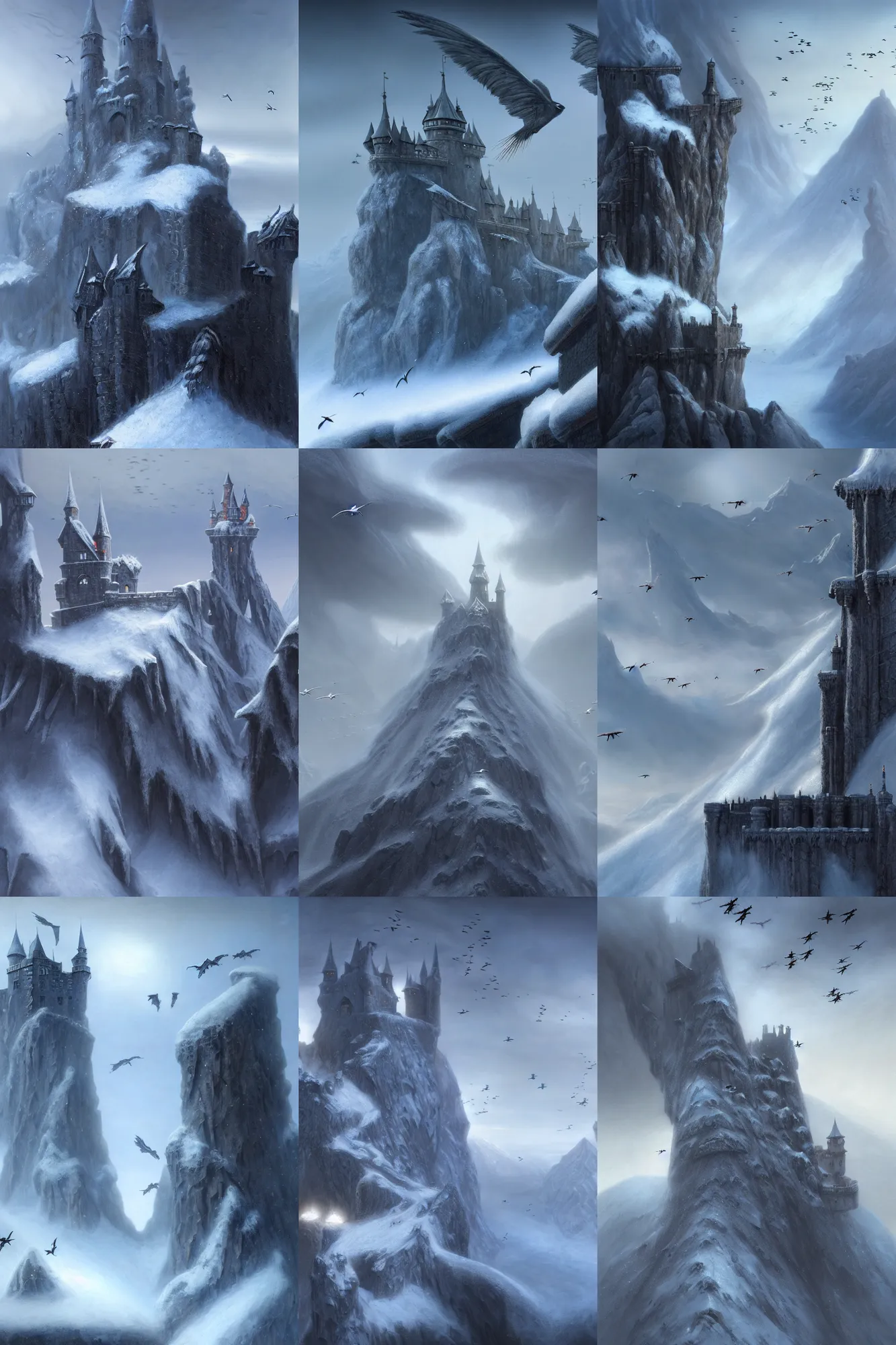 Prompt: a group of birds flying over a black castle in a snow-covered mountain, a detailed matte painting by John Howe and Oksana Dobrovolska, trending on artstation, fantasy art, matte painting, concept art, unreal engine 5