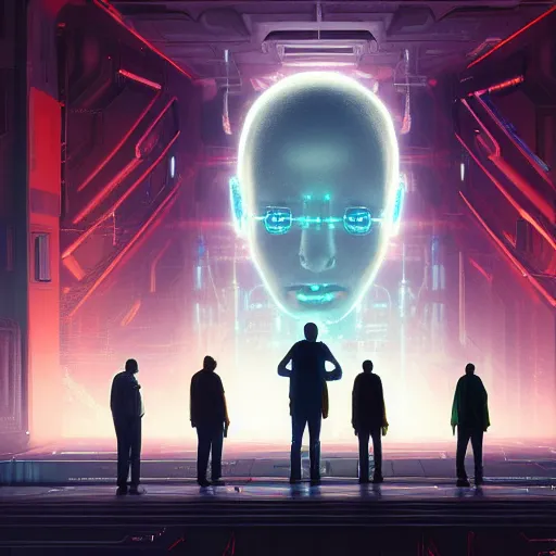 Prompt: professional painting of tiny people praying to monumental conscious supercomputer with huge - cybernetic - face!!!! in the center of endless colossal room, trending on artstation, cyberpunk, sci - fi, futuristic, by greg rutkowski and maciej kuciara, high quality