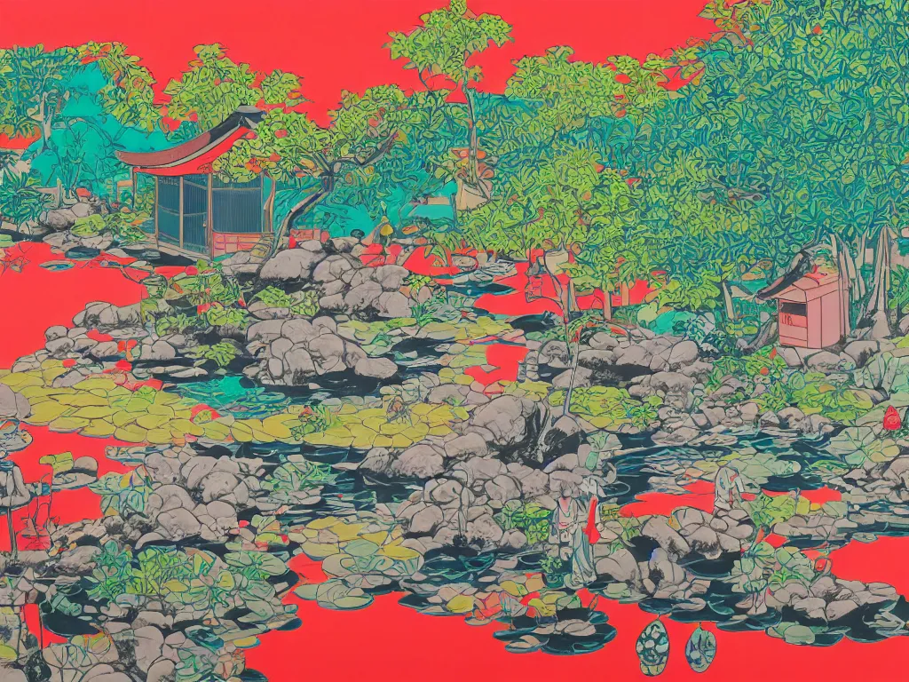 Image similar to painting of a traditional japanese house with a garden, a pond in the garden, startroopers are sitting around the pond, a combination of pop art and traditional japanese painting styles, the style of andy warhol and jackie tsai, bright palette, acrylic on canvas