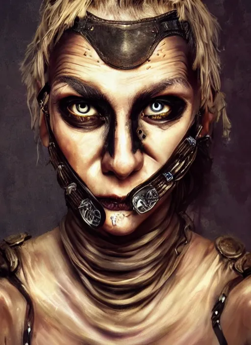 Image similar to detailed full body concept, oil painting of a mad max style female with beautiful face and eyes wearing intricate clothing, soft lighting and focus