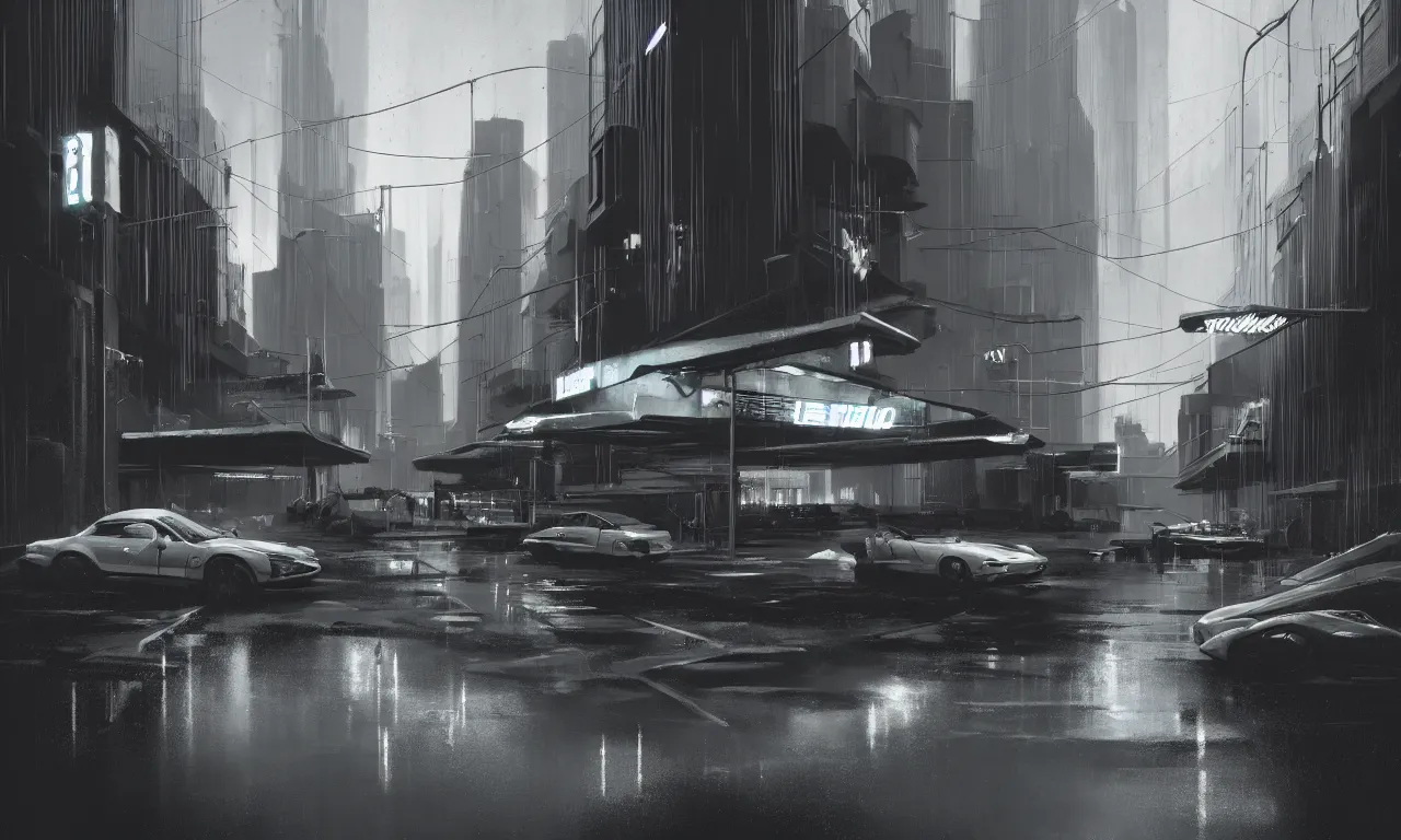 Image similar to photorealistic streetscape, simple brutalist architecture, metal, concrete, puddles of water, white neon lights, neon signs, flying vehicles, pedestrians, greg rutkowski, syd mead, ralph mcquarrie, concept art, matte painting, finely detailed, minimal artifacts, rule of thirds, dynamic lighting, cinematic, denoised, centered, artstation