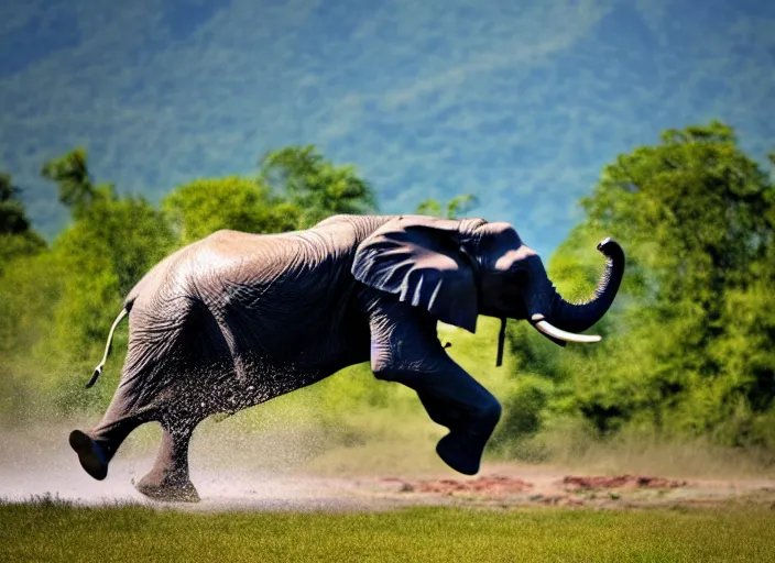 Image similar to dslr photo still of an elephant jumping from a mountain, 4 k, 1 2 0 mm f 1 6