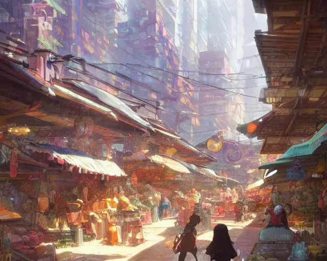 Image similar to colorful marketplace in a great, brutalist kitsune city, bamboo, anime, a fantasy digital painting by greg rutkowski and james gurney, trending on artstation, highly detailed