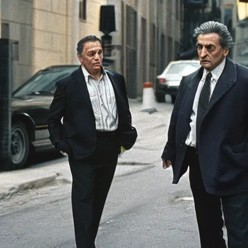 Image similar to in this scene from david chase's hbo miniseries / the outfit /, a supernatural mafia crime thriller about magical monster - hunting mafiosi in 9 0 s philadelphia the main character ( played by joe manganiello ) is being interrogated by his boss ( played by robert de niro ). realistic hd 8 k film photography. composition inspired by christopher mckenna.