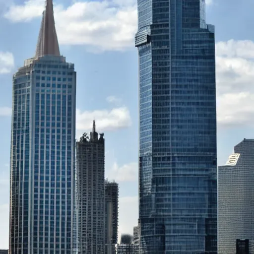 Prompt: a photo of two skyscrapers of identical height with walter white's head on top