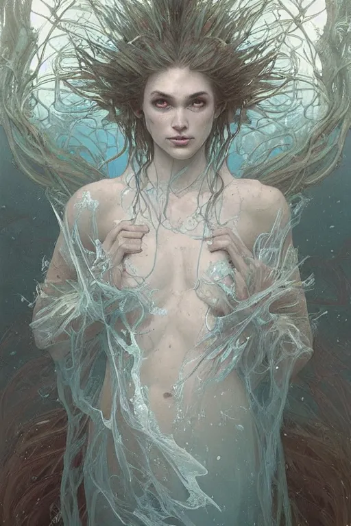 Prompt: hyperdetailed murky underwater portrait of an ice spirit in a robe. by greg rutkowski, highly detailed, digital painting, artstation, smooth, sharp focus illustration, artstation hq. intricate, elegant. art by wlop and artgerm and greg rutkowski, alphonse mucha, medium shot. dan mumford, tomokazu matsuyama, takato yamamoto